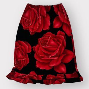 Vintage 1990s whimsy gothic/grunge black and red rose all over print midi skirt